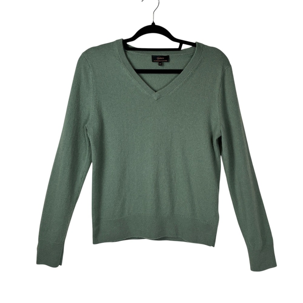 Quince Womens Mongolian Cashmere V-Neck Sweater Size MGreen Quiet Luxury